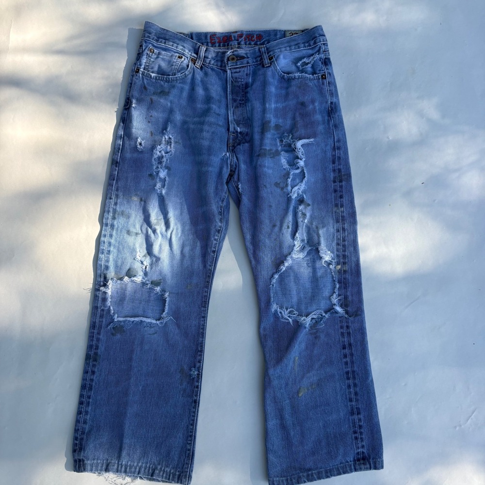 Ezra Fitch Mens 33x32 Distressed Bootcut Jeans Blue Ripped Grunge Y2K Thrashed